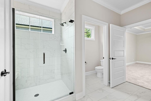 11819 Herons Haven Dr # 102, Soddy Daisy, TN 37379 - bathroom with toilet, a stall shower, crown molding, marble finish floors, and baseboards