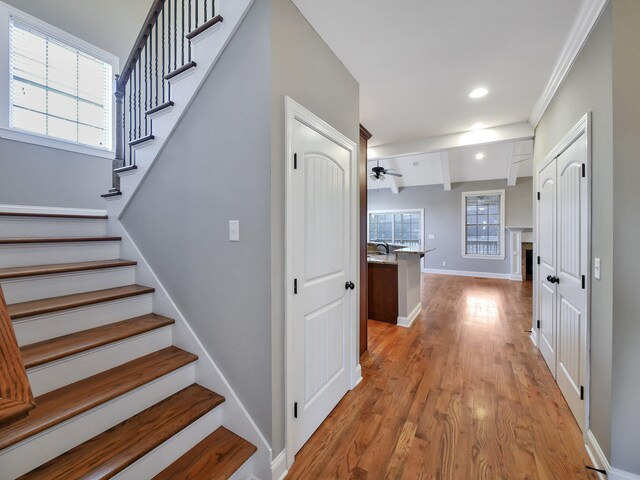 7954 Burgundy Cir Unit 91, Chattanooga, TN 37421 - stairway with crown molding, recessed lighting, baseboards, ceiling fan, and wood finished floors