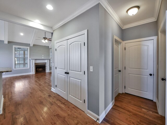 7954 Burgundy Cir Unit 91, Chattanooga, TN 37421 - hallway with baseboards, vaulted ceiling with beams, dark wood-type flooring, and crown molding
