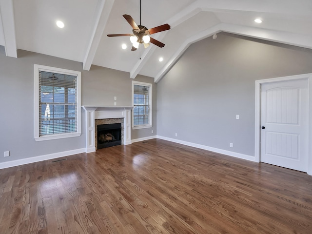 7954 Burgundy Cir Unit 91, Chattanooga, TN 37421 - unfurnished living room featuring baseboards, dark wood finished floors, beam ceiling, ceiling fan, and a fireplace