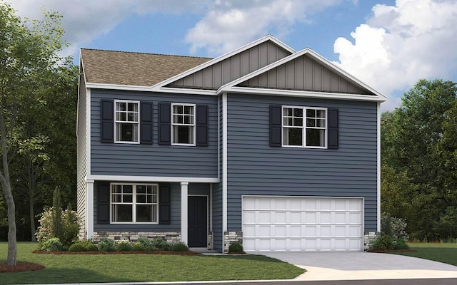 view of front of property featuring driveway, a front yard, an attached garage, and stone siding