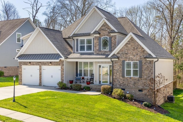 craftsman inspired home with central air condition unit, crawl space, a front yard, driveway, and a porch