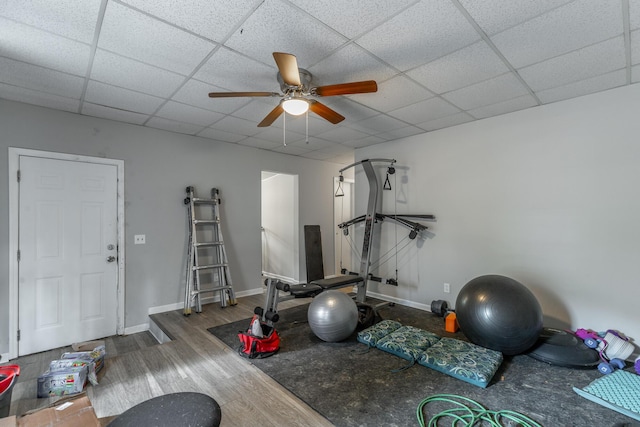 exercise room featuring ceiling fan, baseboards, a paneled ceiling, and wood finished floors