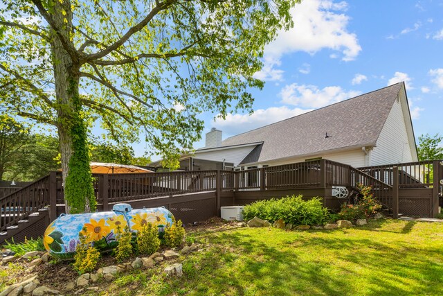 204 Lake Haven Dr, Soddy Daisy, TN 37379 - rear view of property with a lawn, a wooden deck, roof with shingles, and stairway
