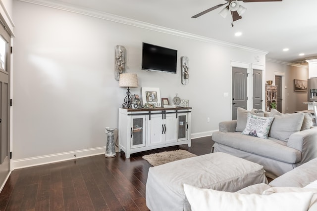 137 Elm Ave, Ringgold, GA 30736 - living room featuring a ceiling fan, crown molding, dark wood-type flooring, baseboards, and recessed lighting