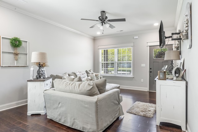 137 Elm Ave, Ringgold, GA 30736 - living room featuring recessed lighting, baseboards, a ceiling fan, and dark wood-style floors