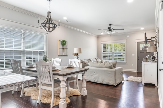 137 Elm Ave, Ringgold, GA 30736 - dining room with ceiling fan with notable chandelier, baseboards, dark wood-style floors, ornamental molding, and recessed lighting