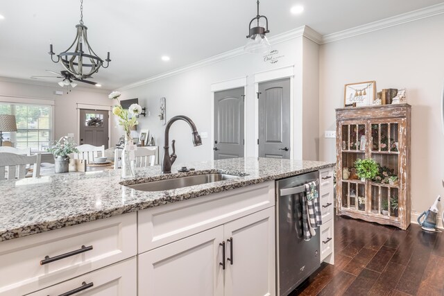 137 Elm Ave, Ringgold, GA 30736 - kitchen with a sink, stainless steel dishwasher, dark wood-type flooring, ornamental molding, and recessed lighting