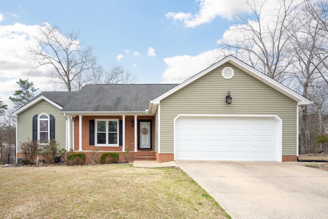 ranch-style home with driveway, roof with shingles, brick siding, a front lawn, and a garage