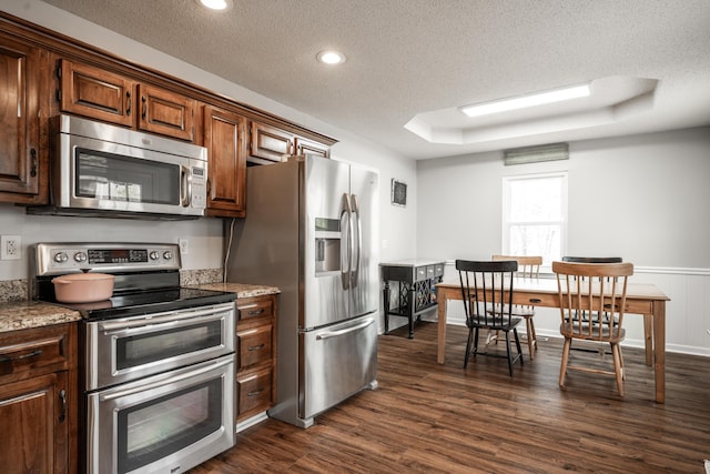 kitchen with a raised ceiling, light stone countertops, appliances with stainless steel finishes, a textured ceiling, and dark wood finished floors