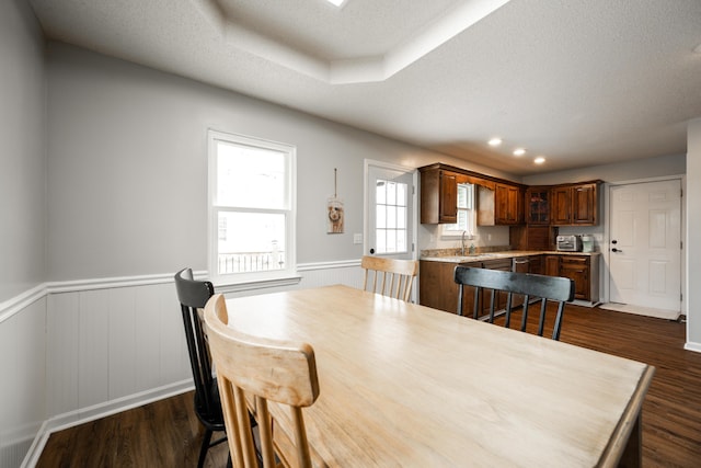 dining room featuring a wainscoted wall, dark wood-type flooring, and a textured ceiling