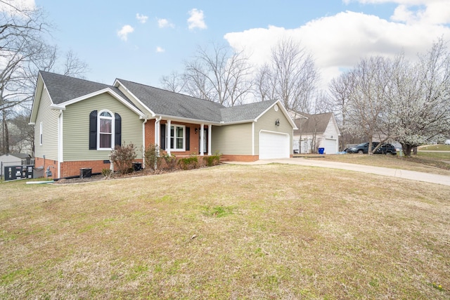 single story home featuring driveway, a front yard, an attached garage, and roof with shingles