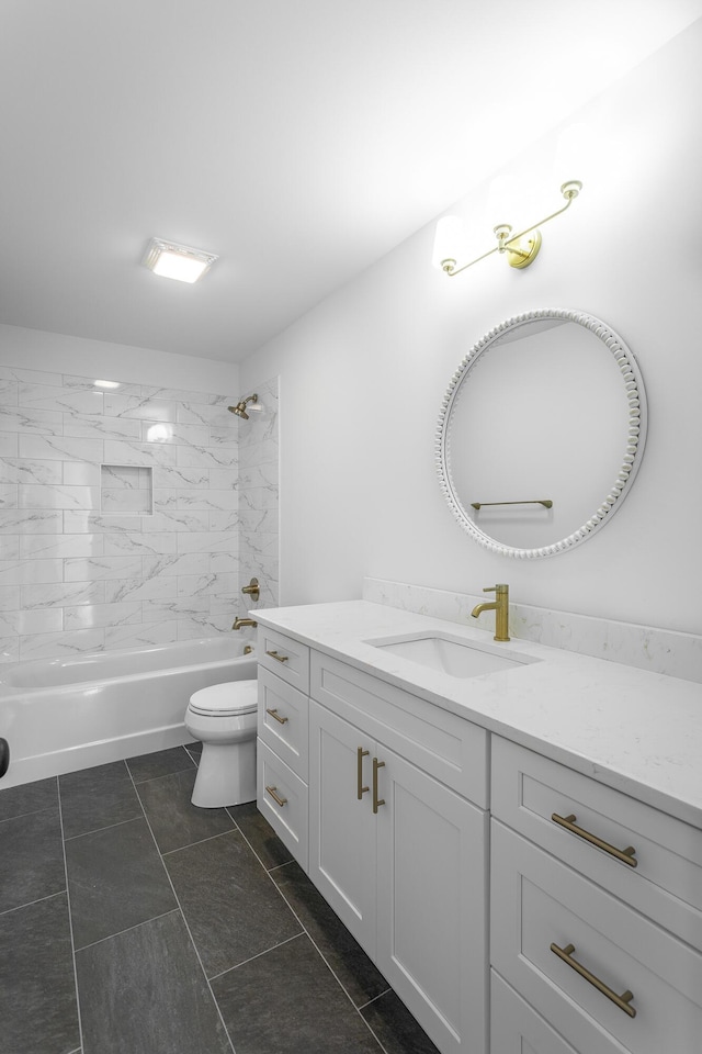 full bath featuring toilet, vanity, and shower / tub combination