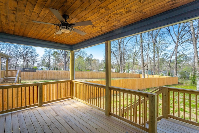 wooden terrace with a fenced backyard and ceiling fan