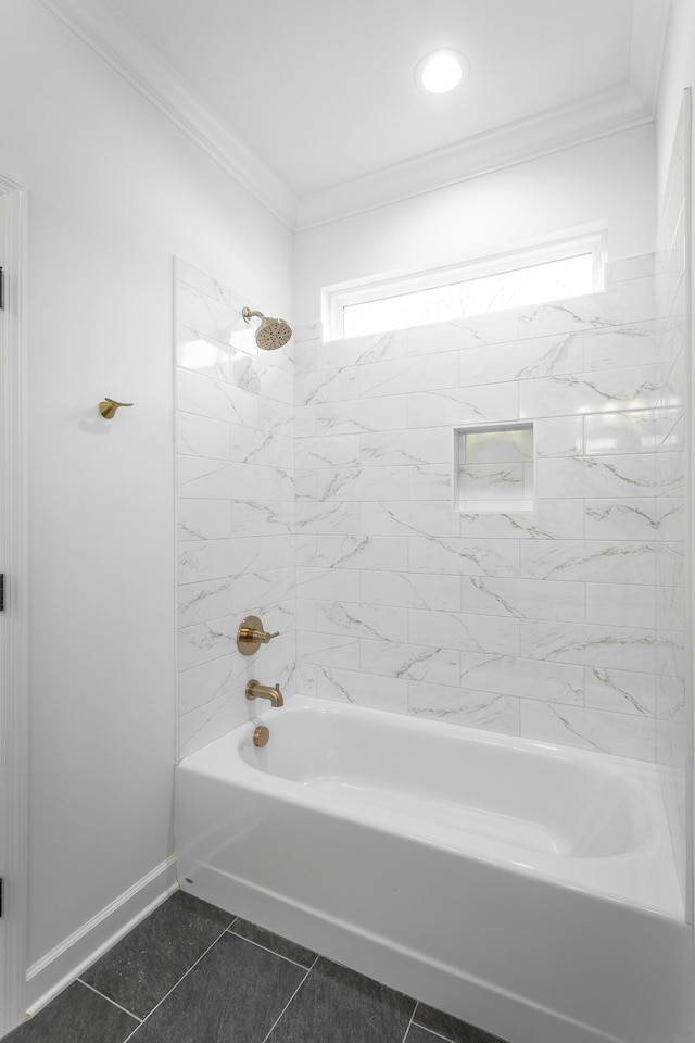 bathroom featuring shower / bathtub combination, baseboards, ornamental molding, and a healthy amount of sunlight