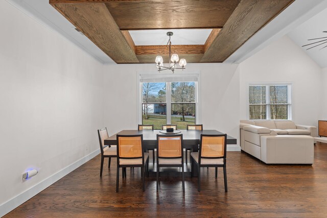 dining space with a notable chandelier, a tray ceiling, a healthy amount of sunlight, and dark wood-type flooring