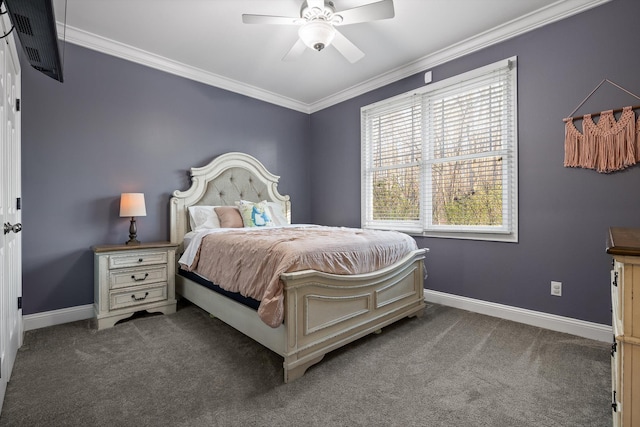 bedroom featuring baseboards, carpet flooring, ceiling fan, and crown molding