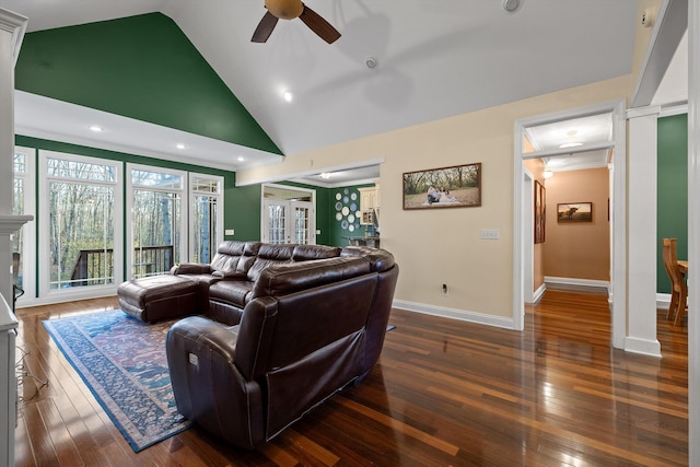 living area featuring recessed lighting, high vaulted ceiling, baseboards, hardwood / wood-style flooring, and a ceiling fan