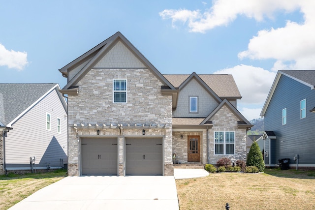 8975 Silver Maple Dr, Ooltewah, TN 37363 - craftsman inspired home with stone siding, an attached garage, a front lawn, driveway, and a shingled roof
