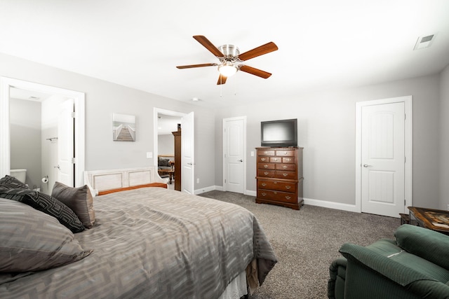 8975 Silver Maple Dr, Ooltewah, TN 37363 - bedroom featuring carpet floors, baseboards, ceiling fan, and visible vents