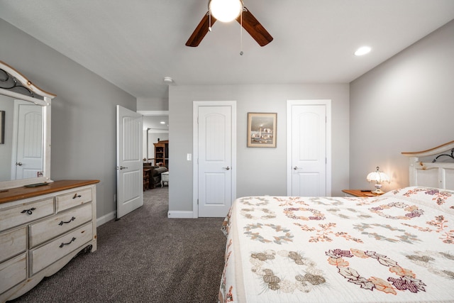 8975 Silver Maple Dr, Ooltewah, TN 37363 - bedroom featuring baseboards, dark colored carpet, and a ceiling fan