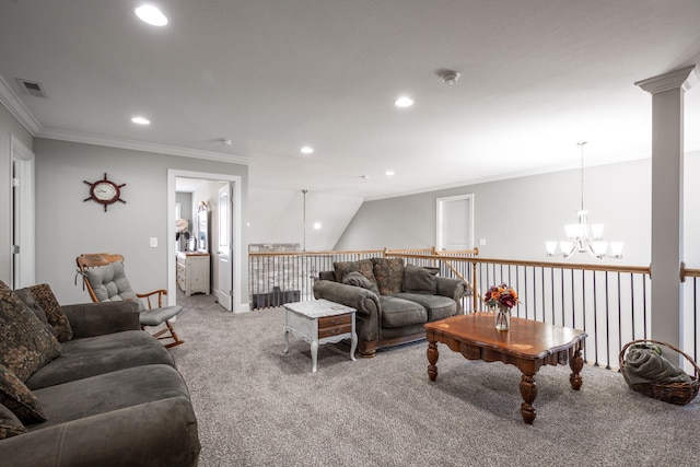 8975 Silver Maple Dr, Ooltewah, TN 37363 - carpeted living area featuring an inviting chandelier, recessed lighting, crown molding, and visible vents