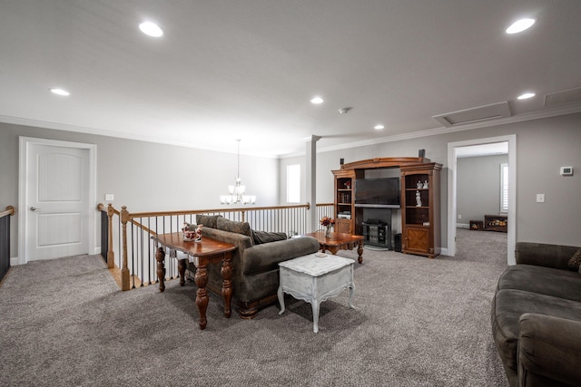 8975 Silver Maple Dr, Ooltewah, TN 37363 - carpeted living area featuring ornamental molding, visible vents, an inviting chandelier, and recessed lighting
