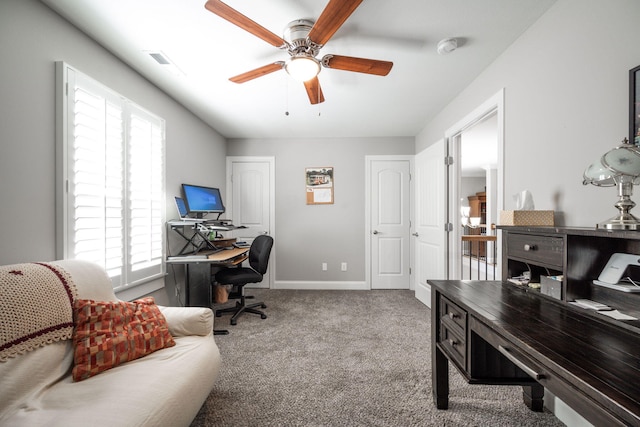 8975 Silver Maple Dr, Ooltewah, TN 37363 - office area featuring carpet floors, baseboards, visible vents, and ceiling fan