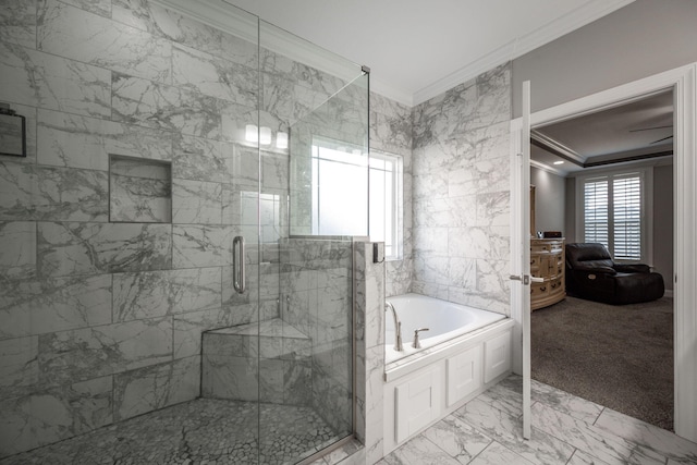 8975 Silver Maple Dr, Ooltewah, TN 37363 - bathroom featuring marble finish floor, crown molding, a stall shower, and a garden tub