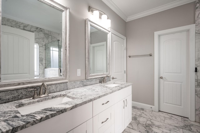 8975 Silver Maple Dr, Ooltewah, TN 37363 - bathroom featuring marble finish floor, a sink, crown molding, and a tile shower