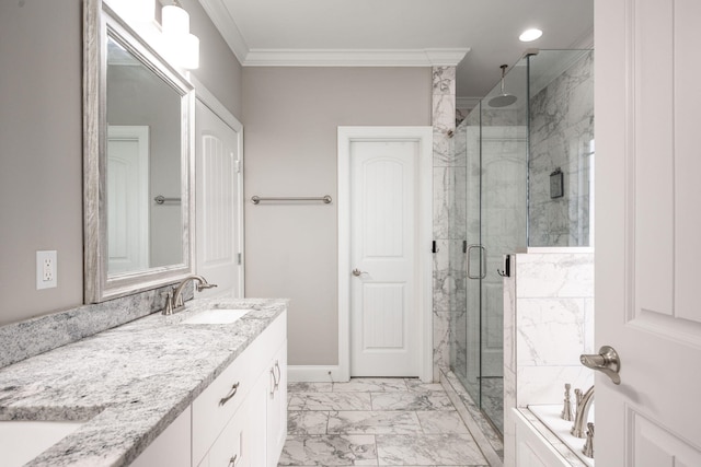 8975 Silver Maple Dr, Ooltewah, TN 37363 - bathroom with crown molding, vanity, a shower stall, marble finish floor, and recessed lighting