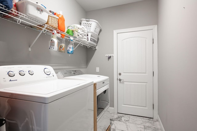8975 Silver Maple Dr, Ooltewah, TN 37363 - clothes washing area with marble finish floor, separate washer and dryer, baseboards, and laundry area