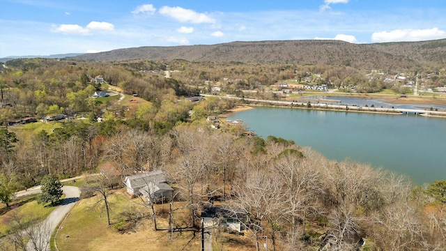 birds eye view of property featuring a water and mountain view and a wooded view