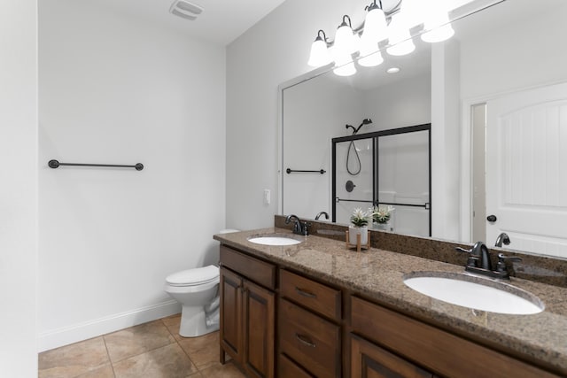 full bathroom with a shower stall, tile patterned floors, visible vents, and a sink