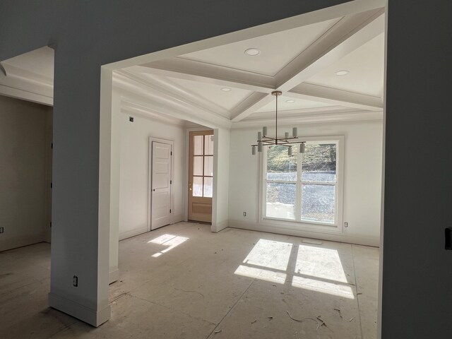 581 Benson Dr, Chattanooga, TN 37412 - unfurnished dining area featuring coffered ceiling, beam ceiling, recessed lighting, baseboards, and a chandelier