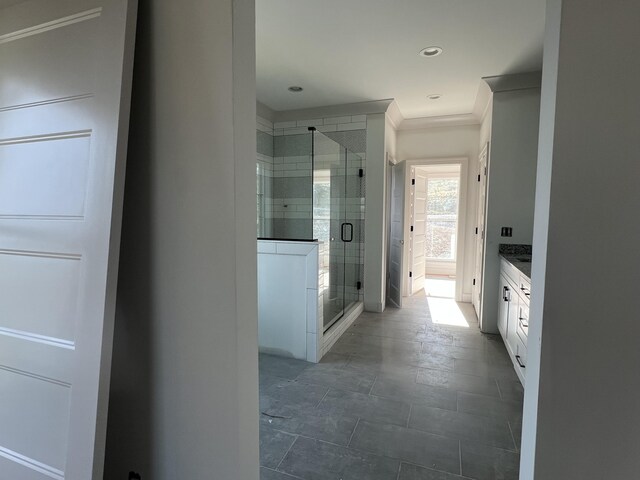 581 Benson Dr, Chattanooga, TN 37412 - full bathroom with vanity, crown molding, a shower stall, and recessed lighting