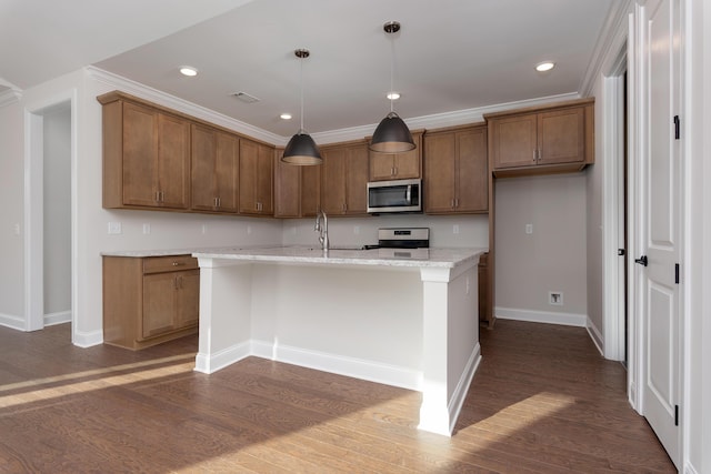 05 Nature Trl, Soddy Daisy, TN 37379 - kitchen with appliances with stainless steel finishes, brown cabinets, recessed lighting, dark wood-style flooring, and an island with sink