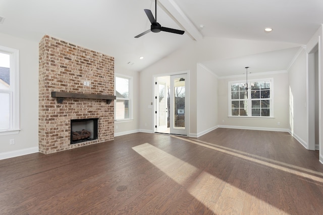 05 Nature Trl, Soddy Daisy, TN 37379 - unfurnished living room featuring a fireplace, dark wood finished floors, ceiling fan, and recessed lighting
