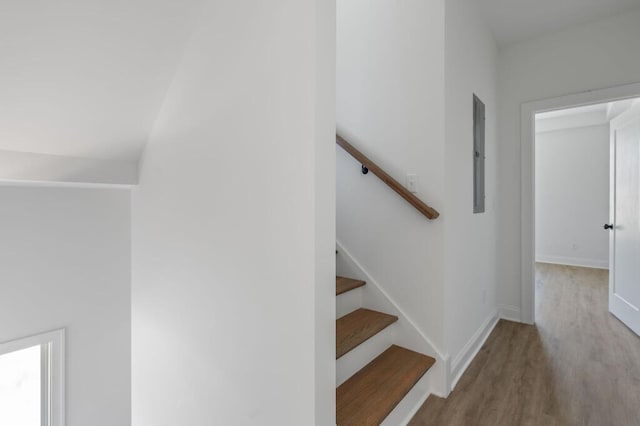 staircase featuring baseboards, wood finished floors, and electric panel