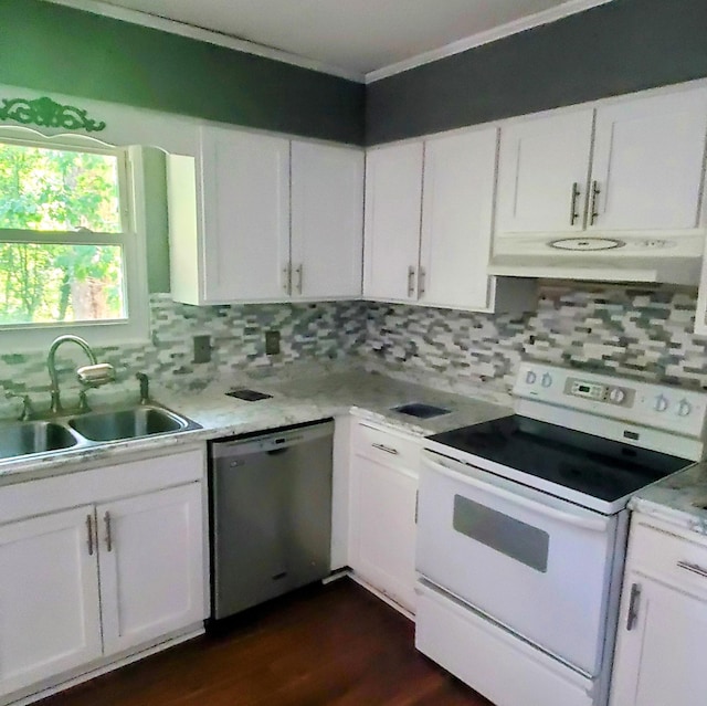 1603 Lisa Lynn Dr, Hixson, TN 37343 - kitchen featuring dishwasher, white electric range oven, under cabinet range hood, white cabinetry, and crown molding