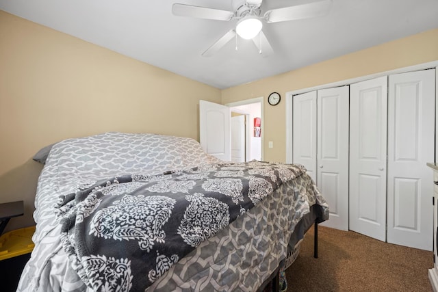 bedroom featuring a closet, a ceiling fan, and carpet