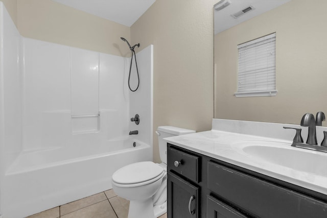 bathroom featuring shower / tub combination, vanity, toilet, tile patterned floors, and visible vents