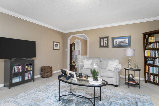 9215 Smokewood Trl, Chattanooga, TN 37421 - living area featuring light colored carpet, ornamental molding, and arched walkways
