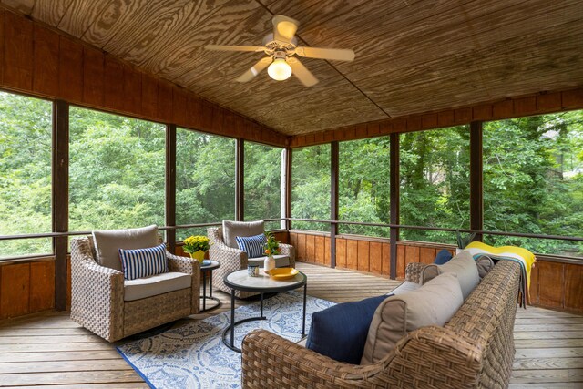9215 Smokewood Trl, Chattanooga, TN 37421 - sunroom featuring ceiling fan, an outdoor hangout area, plenty of natural light, and lofted ceiling