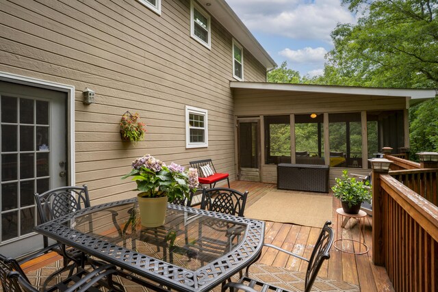 9215 Smokewood Trl, Chattanooga, TN 37421 - wooden terrace featuring a sunroom and outdoor dining area