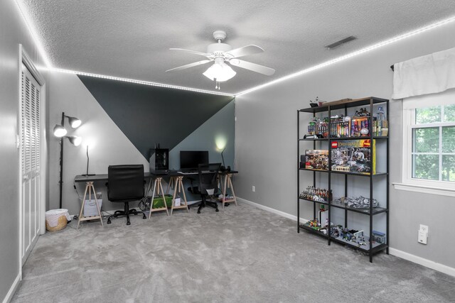 9215 Smokewood Trl, Chattanooga, TN 37421 - carpeted home office with ceiling fan and a textured ceiling