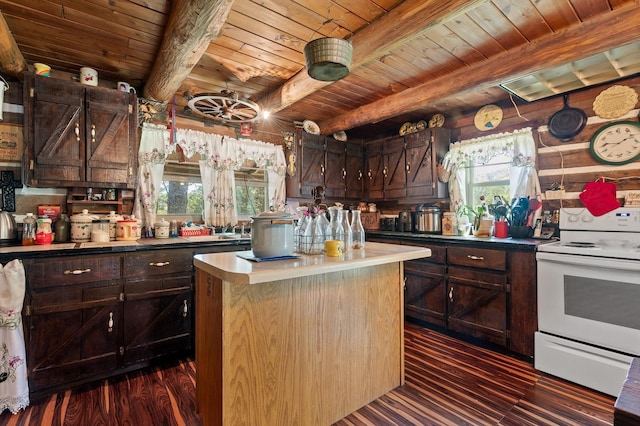 kitchen featuring dark wood-style flooring, wood ceiling, white range with electric stovetop, and a wealth of natural light