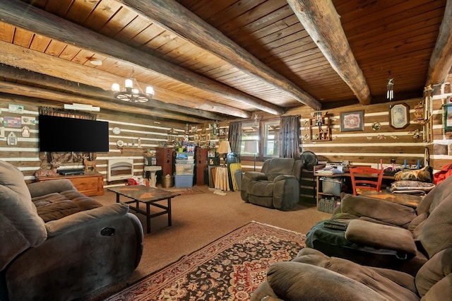 living room featuring a chandelier, carpet flooring, wood ceiling, and beam ceiling