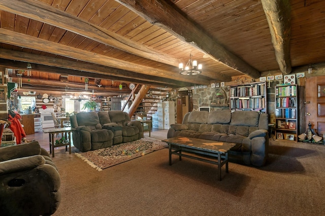 carpeted living area with a notable chandelier, beam ceiling, wood ceiling, and stairway