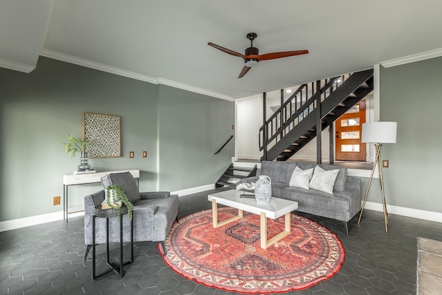 living room featuring stairs, ceiling fan, ornamental molding, and baseboards